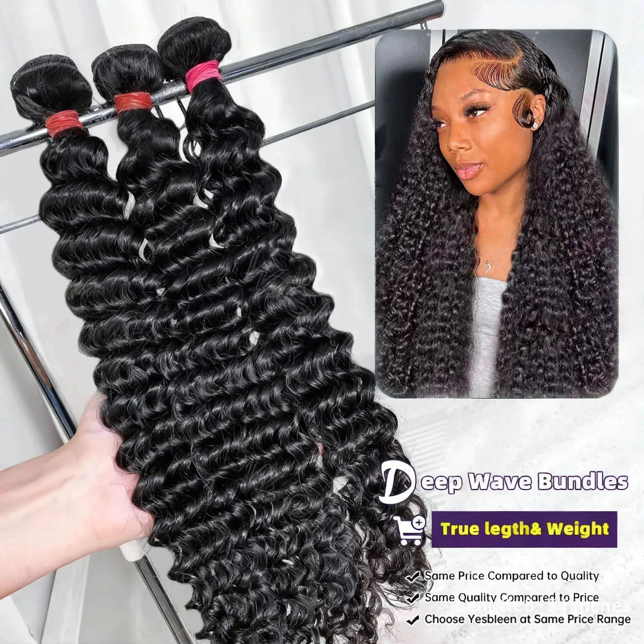 

28 22Inch Deep Wave Human Hair Bundle Brazilian Remy Raw Virgin Curly Water Wave 3/4 Bundles Double Weft Braiding Hair Extension