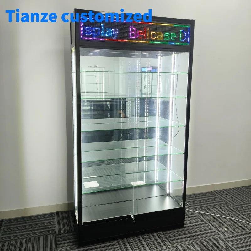 

（customized）China Glass Display Showcase with Logo Digital Screen Floor Standing Window Cabinet with LED Light Smoke Shop Fixtur