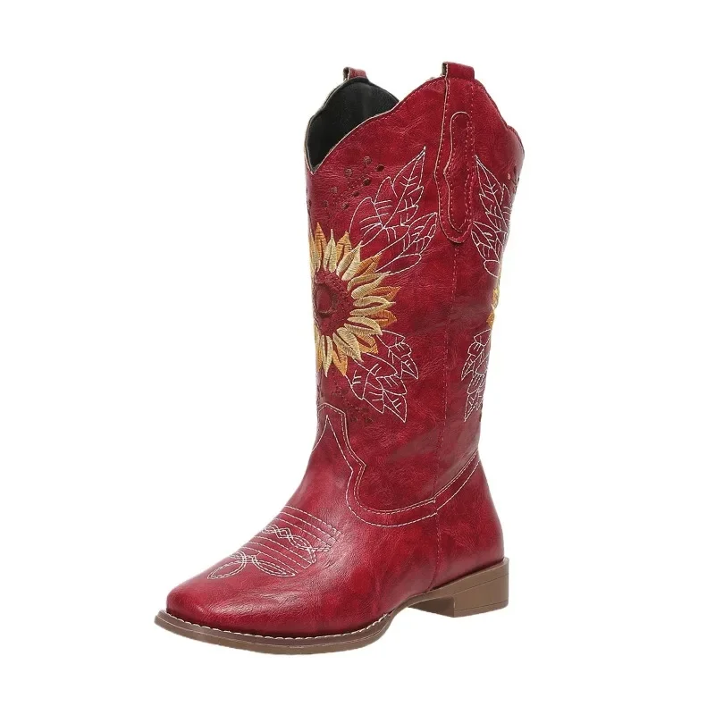 Novas mulheres café marrom bordado botas de couro do plutônio impresso ocidental botas de cowboy profundo v-boca alta tubo botas casuais tamanho 35-43