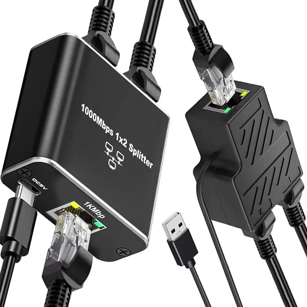 

USB Powered RJ45 Ethernet Splitter 1 to 2 100Mbps 1000Mbps High Speed Two Device Networking Simultaneously for Router/PC/Laptop