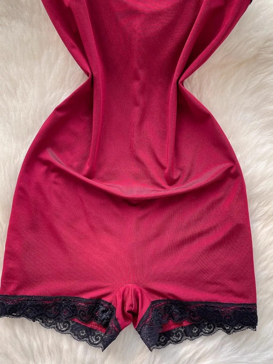 Foamlina-Body Sexy de encaje con tirantes y retazos para mujer, mono ajustado de color burdeos puro, pantalones cortos para esculpir el cuerpo