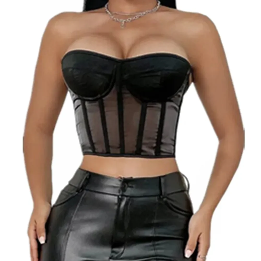 Women Corset Top Crop Bustier Gothic Bra Push Up Bodice Sexy Breathable Mesh Corselet Party Short Camis Black