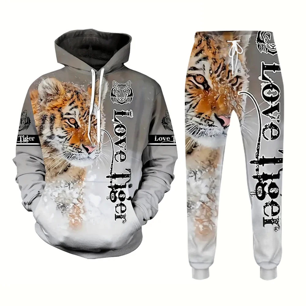 Vintage poderoso tigre 3d impresso agasalho masculino de duas peças jumper moda masculina outono/inverno casual mais moletom de rua