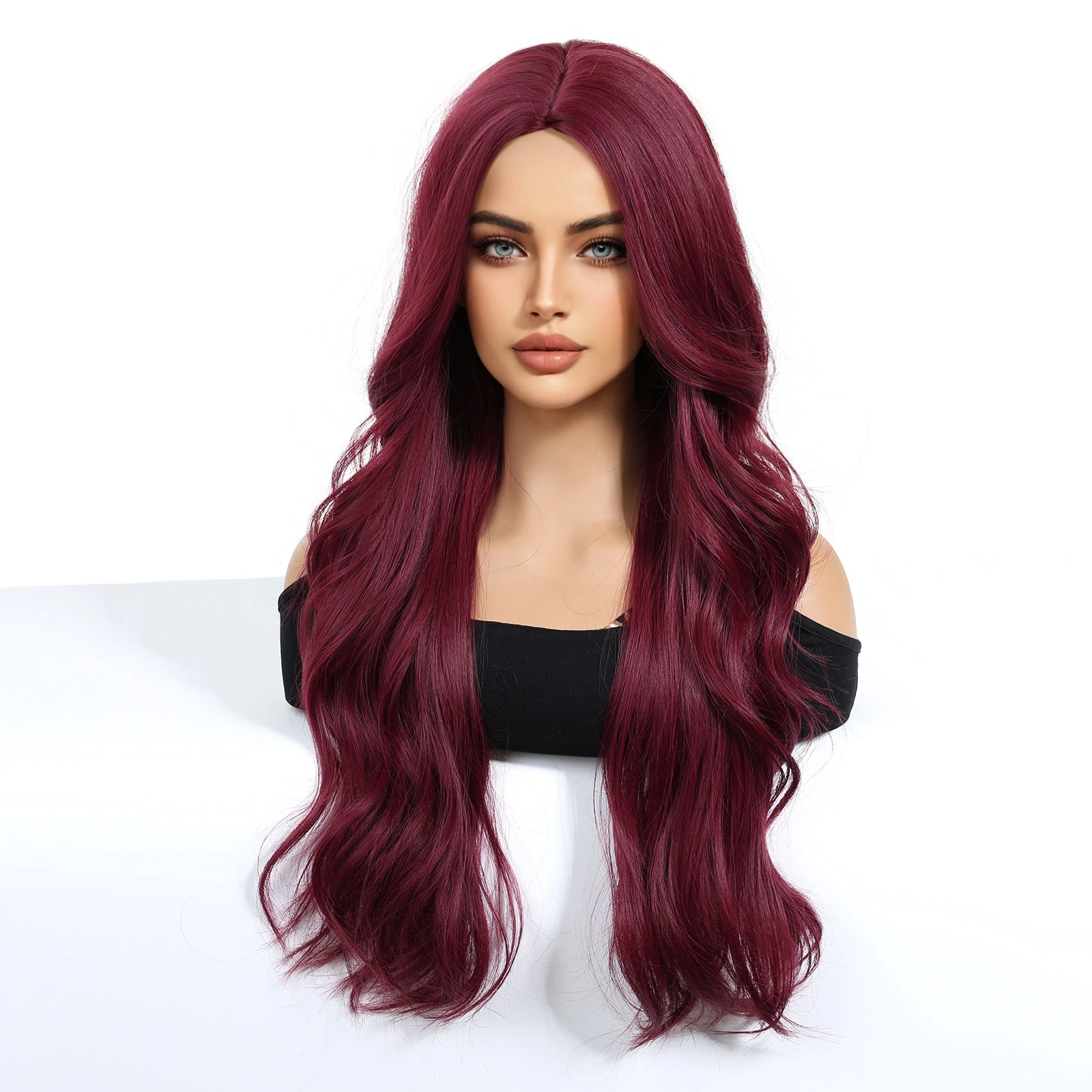 ChristmasChristmas Burgundy P Wigs Super Long Wavy Wig With Medium Part Bangs Curly Synthetic Hair For Women Daily Cosplay Party