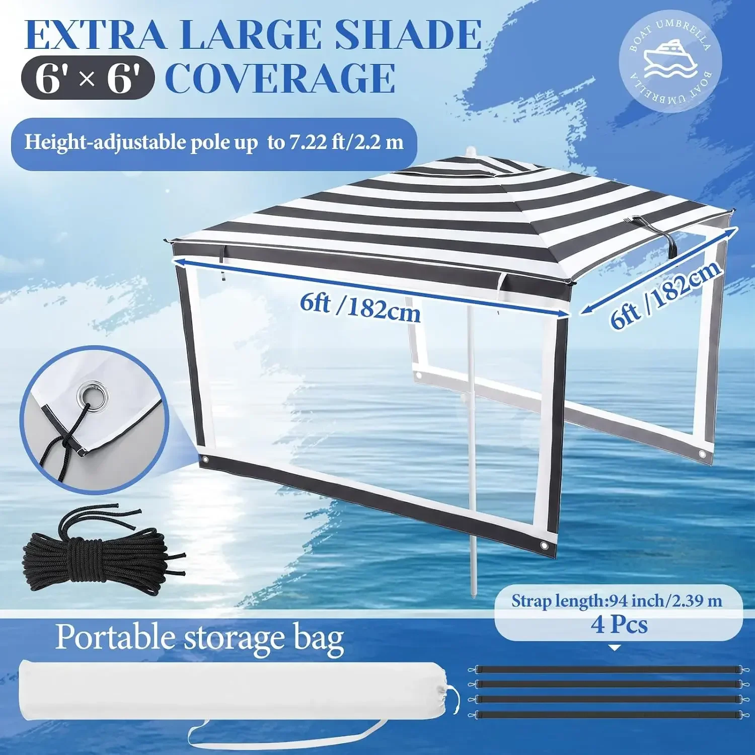 Brand new fast shippingBestsellerBoat Umbrella Sun Shade with Sidewalls Kit 6' x 6' Boat Sun Cover Anti-Ultraviolet, Adjustable