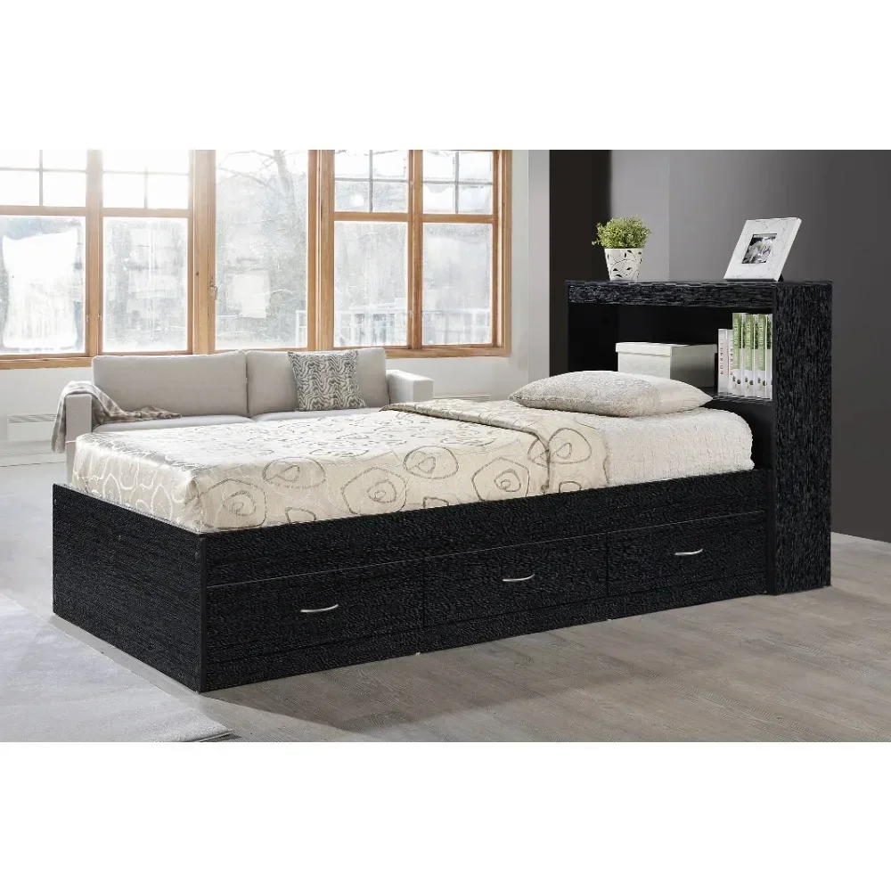 

Modern Twin-Size Captain Bed with 3-Drawers and Headboard in Black