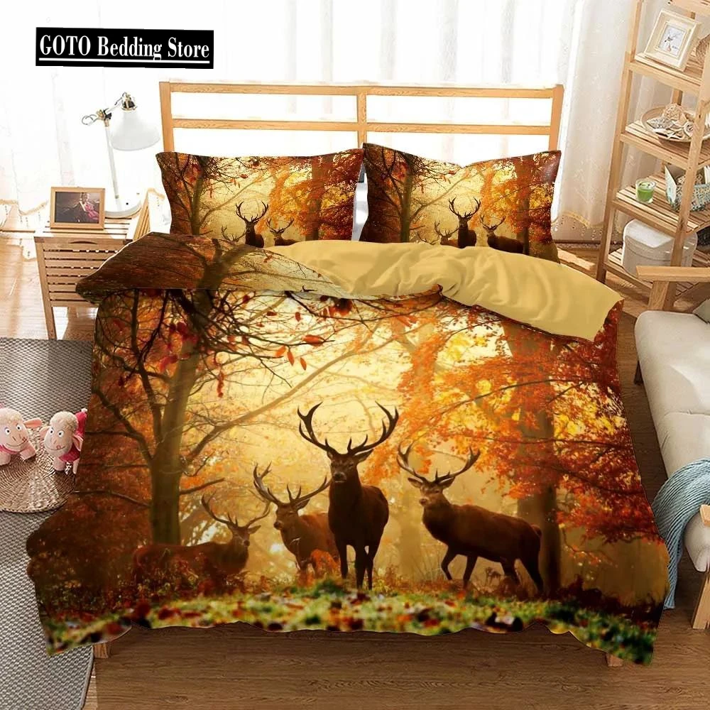 

US Size Bedding Queen King Size 2/3Pcs Deer and Flowers Autumn Leaves Duvet Cover Sets Pillow Shams Single Double Kids Bed Set