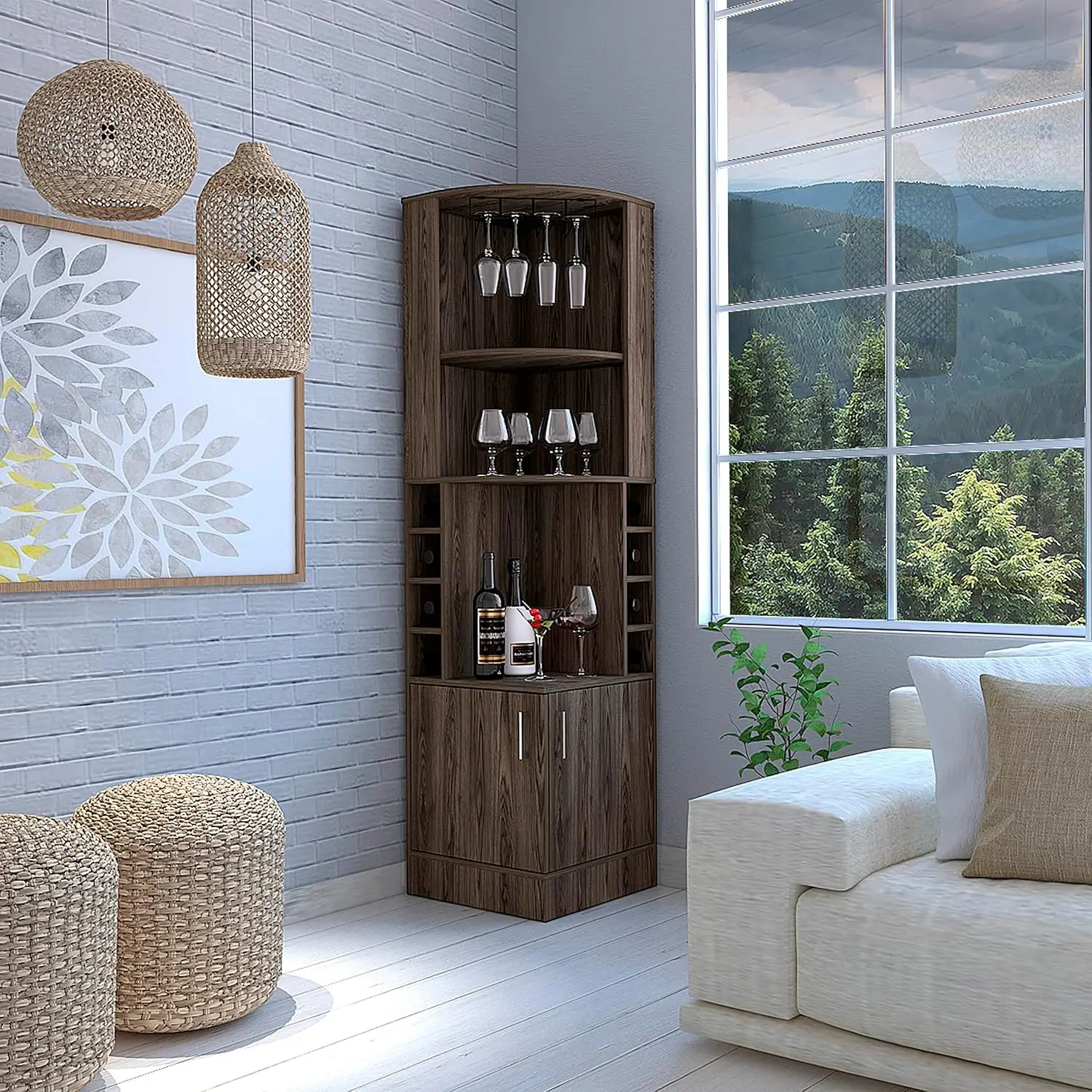 Corner Bar Cabinet Espresso, Wine Cabinet with 8 Bottle Cubbies, 12 Glass Rack, 2 Shelves & 2 Doors, Kitchen Bar, Customized