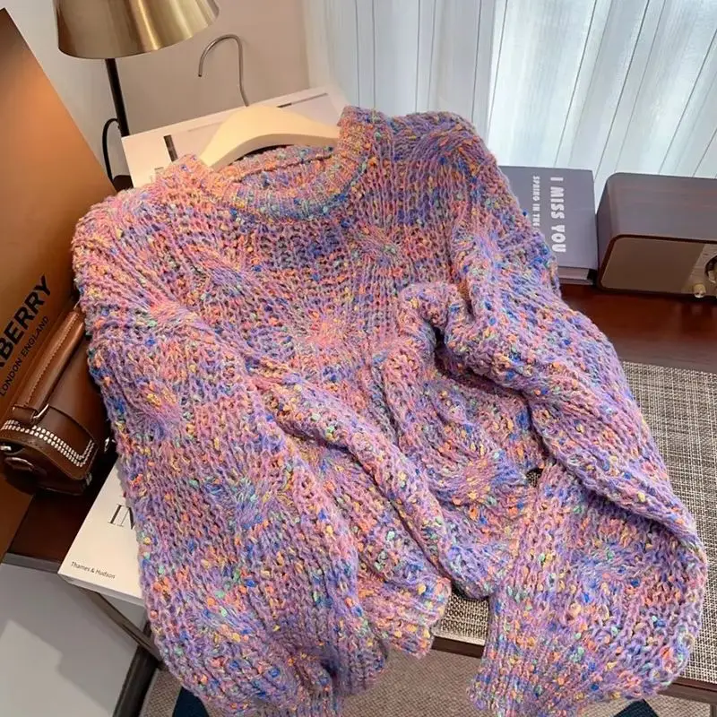 Oversized Multicolor Knit Sweater Women Puff Sleeve O Neck Cable Knit Pullover Loose Chunky Knitwear Autumn Winter Fashion Tops