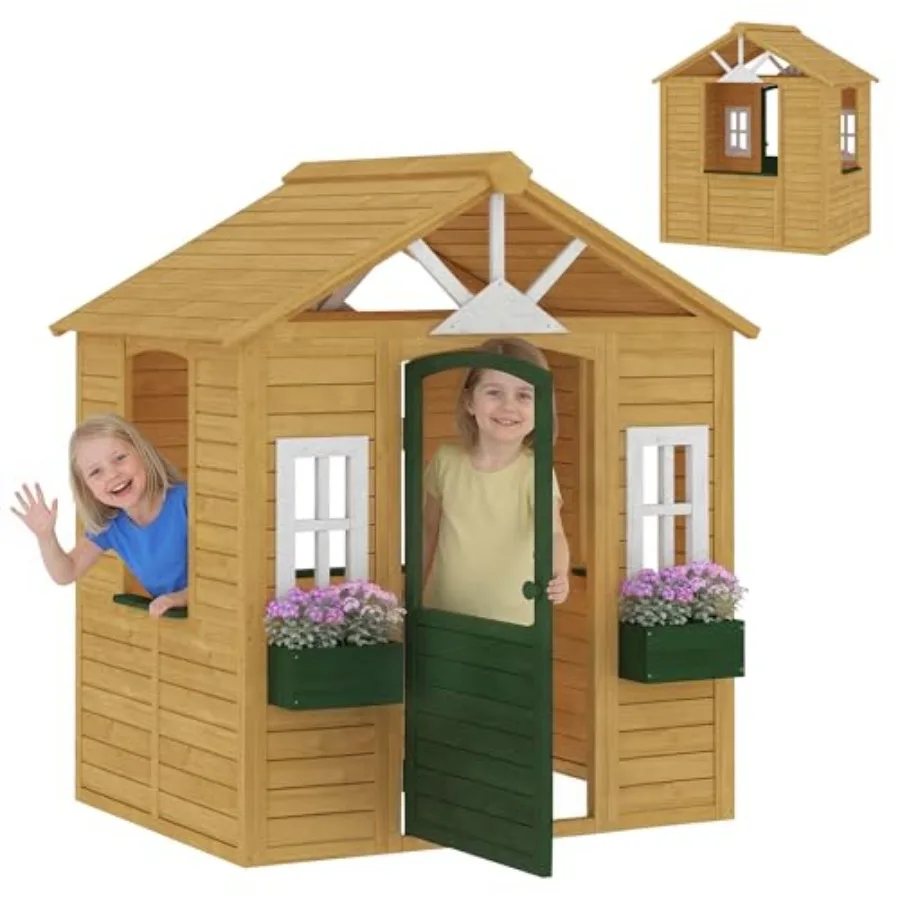 

Outdoor playhouse for backyard garden or indoor playroom: wooden kids cottage with working door 3 windows 2 flower boxes brown