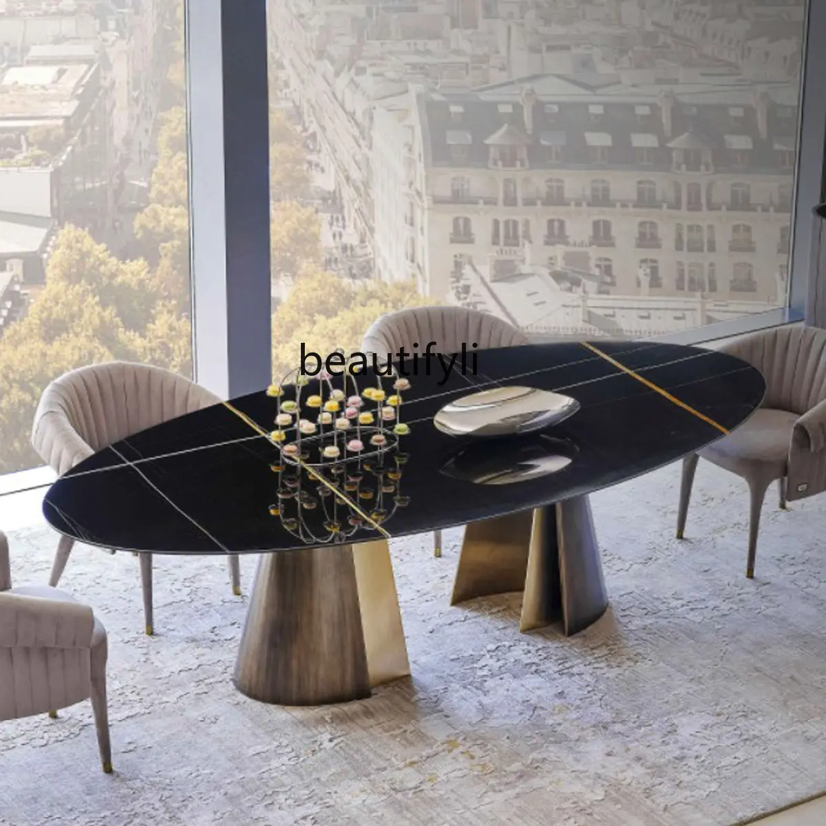 zq Lauren Black Gold Marble Dining-Table Stainless Steel Dining Bench Simple and Light Luxury Oval round Table