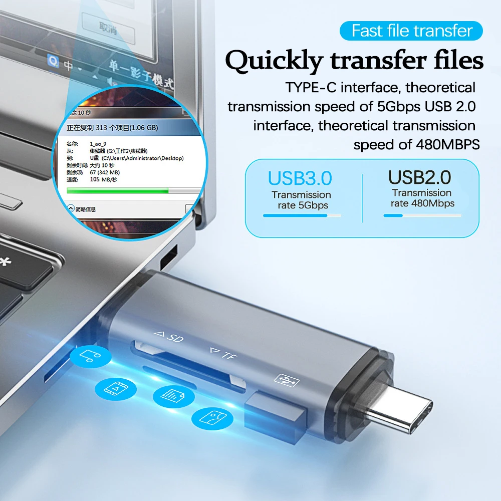 UTHAI TF13 Laptop Accessories Six in One Type-C Card Reader, Computer Phone USB Adapter, OTG Card Reader, TF/SD Memory