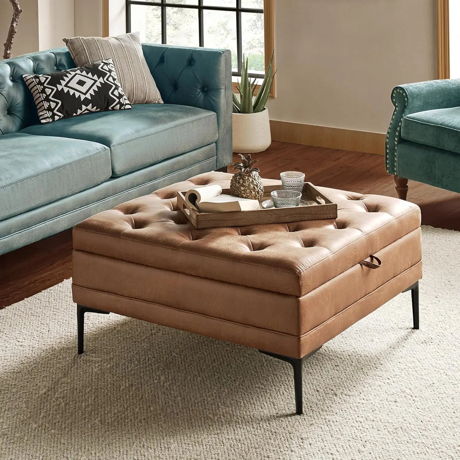 

Faux Leather Coffee Table, 36.5" Square Storage Ottoman with Metal Legs, Button-Tufted Coffee Table with Storage, Customized