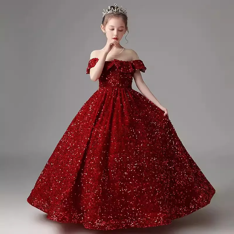 Little Girls Luxury Banquet Dress Ruffle Sequin Performance Formal Prom Dresses Children Party Floor Length Pageant Gown Elegant