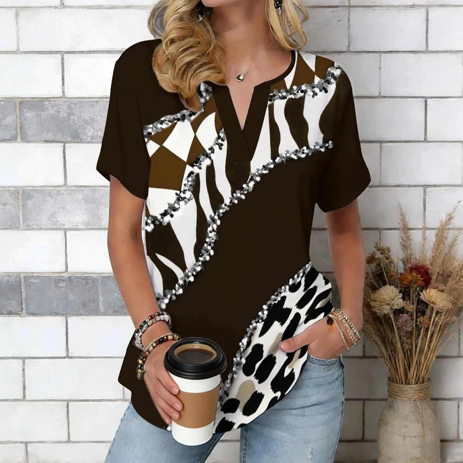 Women Print Notched V Neck Short Sleeve Casual Loose Tunic Tops
