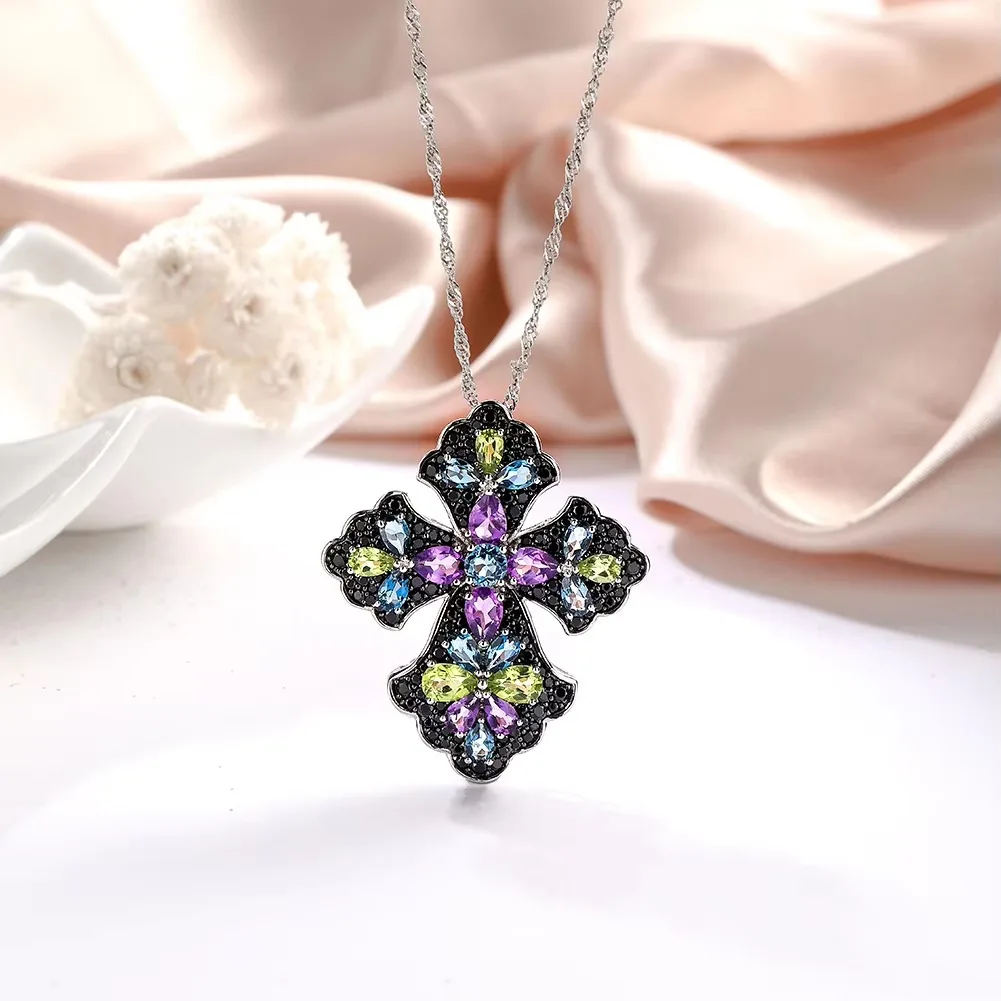 GZ ZONGFA 100% 925 Sterling Silver Cross Pendant Necklace For Women Natural Peridot Amethyst Colorful Gems Trendy Fine Jewelry