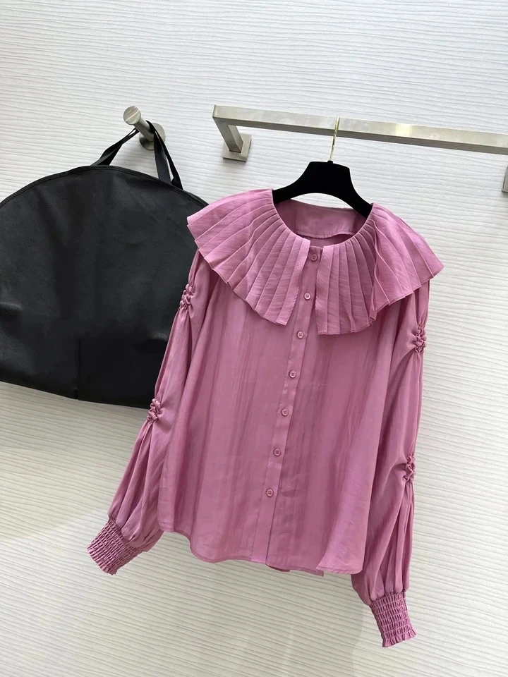 2024 new women's fashion long-sleeved sexy casual ruffle edge large lapel silk cotton shirt