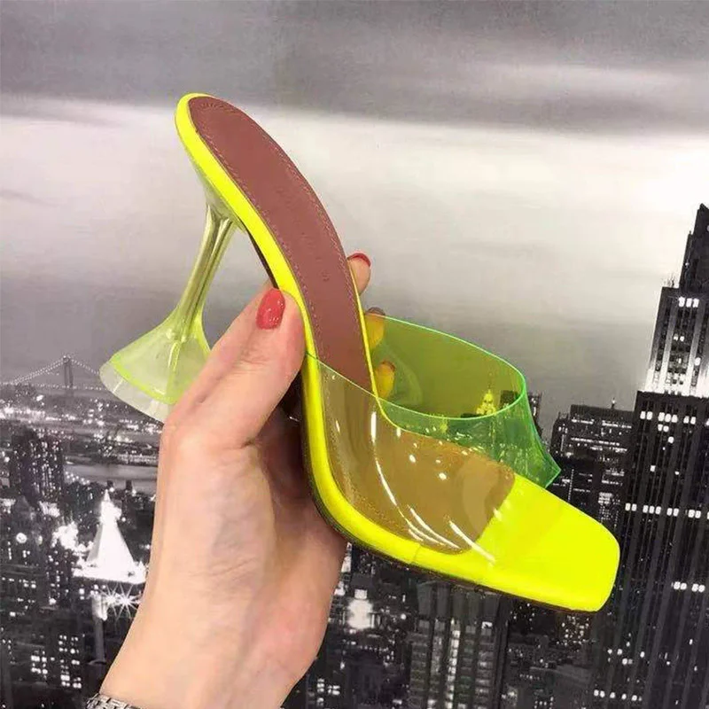 Summer new square-headed colorful transparent PVC wine glass and fashion slippers dress large-size high-heeled women's sandals