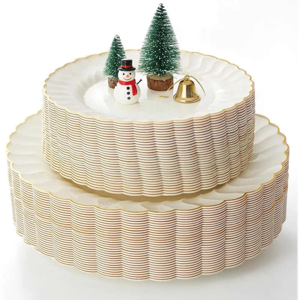 

60-Piece Ivory & Gold-Edged Disposable Plates Set: 30 Dinner Plates 10.25 & 30 Dessert Plates 7.5 for Weddings & Parties