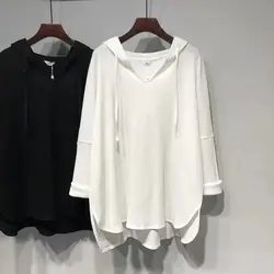 Loose Hooded Long Sleeve Solid T Shirts Spring Autumn New Asymmetrical Slit Hem Street Casual Tops Fashion Vintage Women Clothes