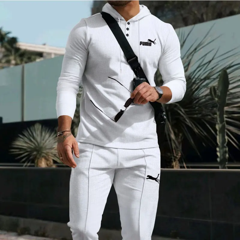 

New Casual Fashion Men's Suit 2024 spring And Autumn New Hooded Button Long-sleeved T-shirt And Long Casual Pants Two-piece Set