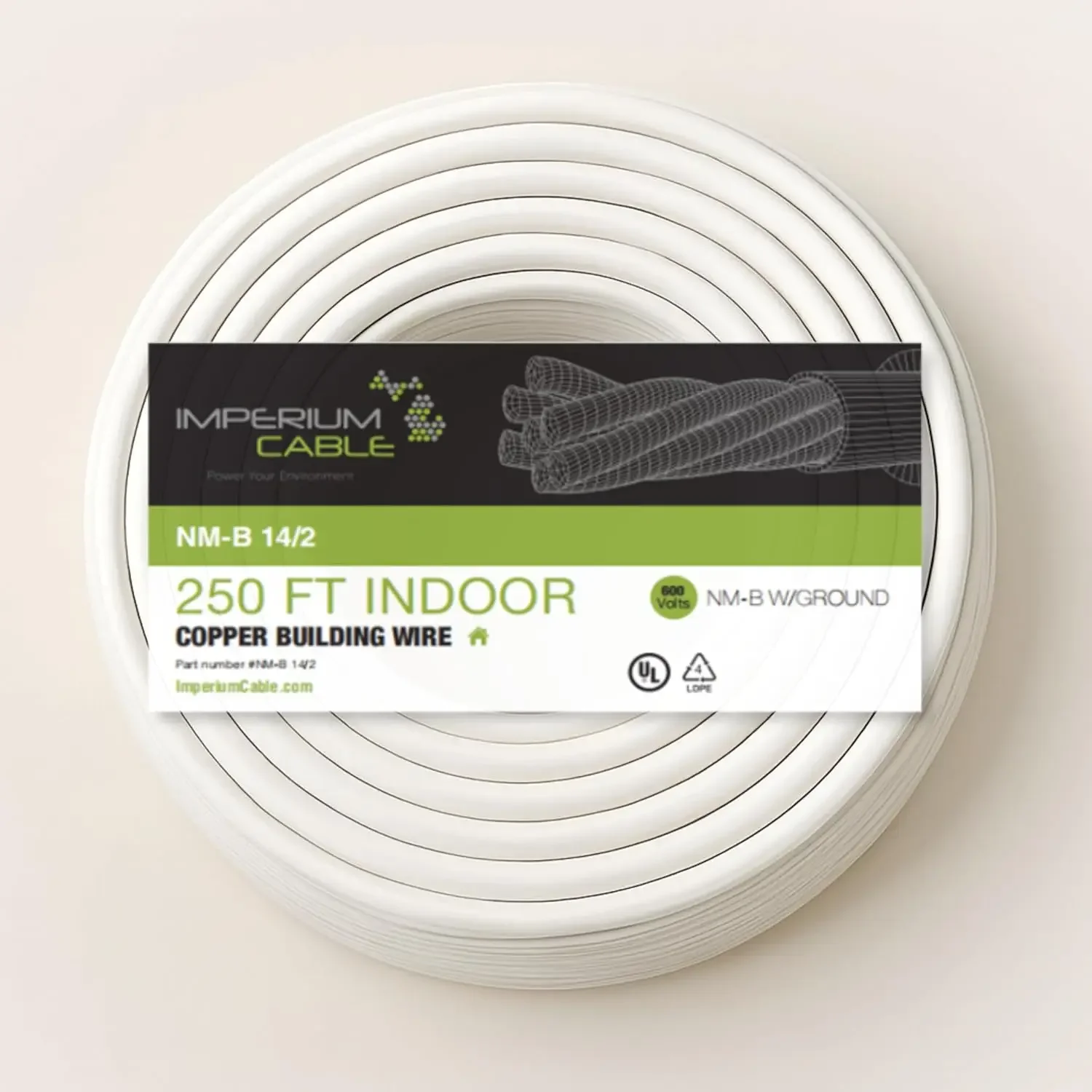 

14/2 NM-B Electrical Wire – 250ft Coil Solid Copper, Indoor Residential Cable with Ground White Jacket 600V Rated