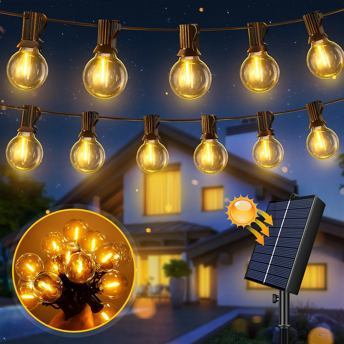 Solar G40 Outdoor LED-Lichterkette mit Globus-Glühbirnen, IP44 Dimmbar, Bruchsichere Glühbirnen & Fernbedienung, E12-Fassung für Garten und Veranda