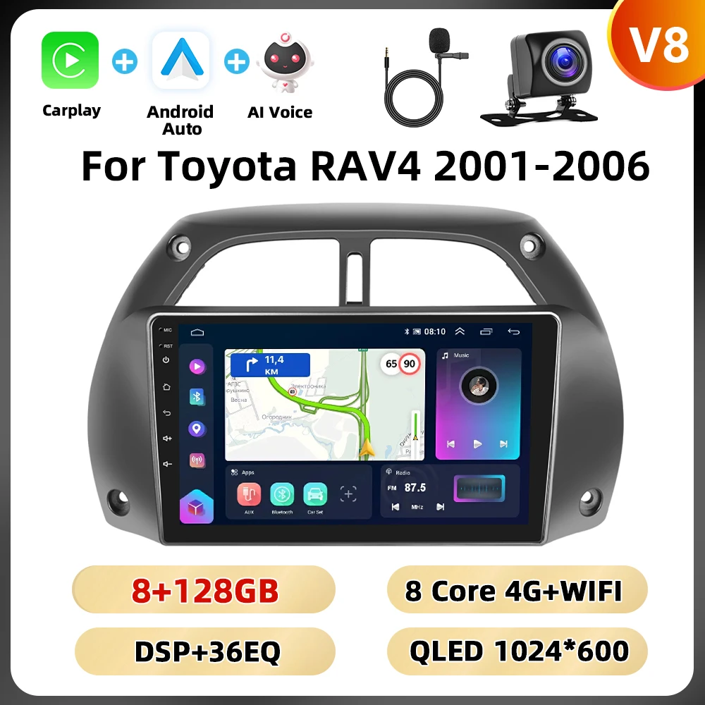 Podofo 8Core 2Din Autoradio Voor Toyota RAV4 2001-2006 Multimedia Speler WIFI 4G AI Voice BT Carplay Android Autoradio RDS