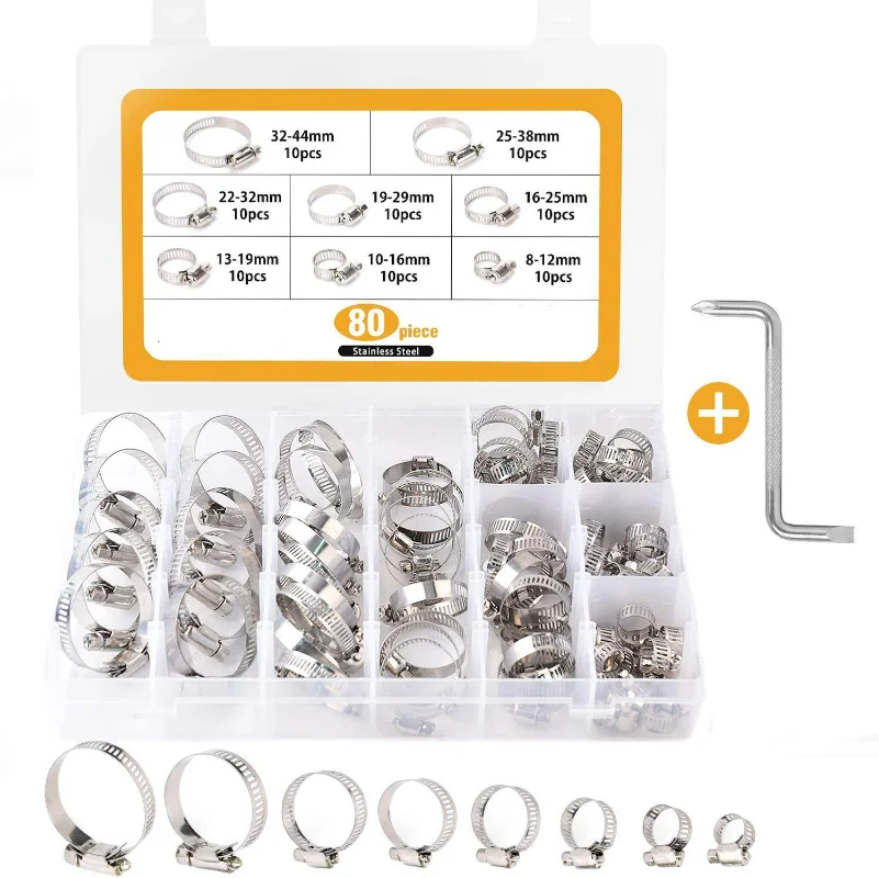 

80pcs Adjustable Hose Clamps Stainless Steel Drive Dose Clamps Fuel Line Worm Wheel Size Classification Kit with Z-type wrench