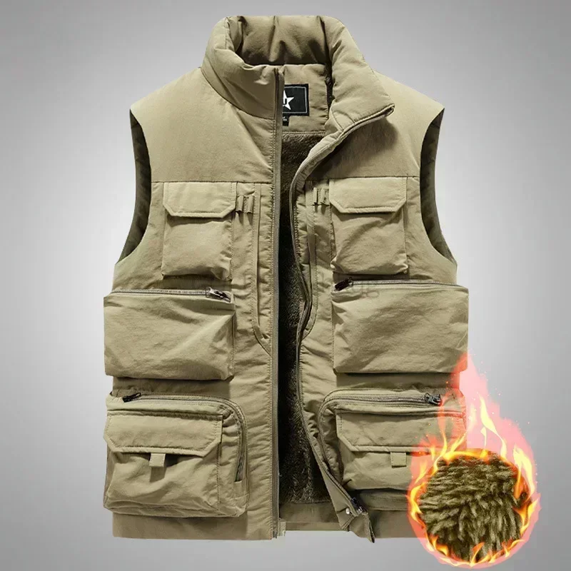 

Men's 120kg Slim Fit Fleece Work Jacket Warm Windbreaker Sleeveless with Multiple Pockets for Winter