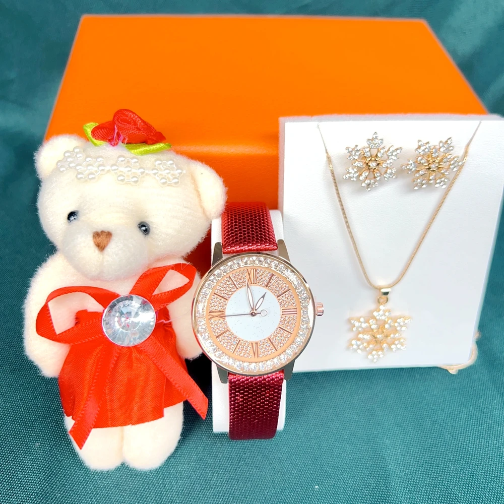 Women\'s Quartz Watch Fashion Women Watches Diamond Necklace Earring Bear Puppet Set Gift Box For Girl\'s Lady\'s Festival Presentn