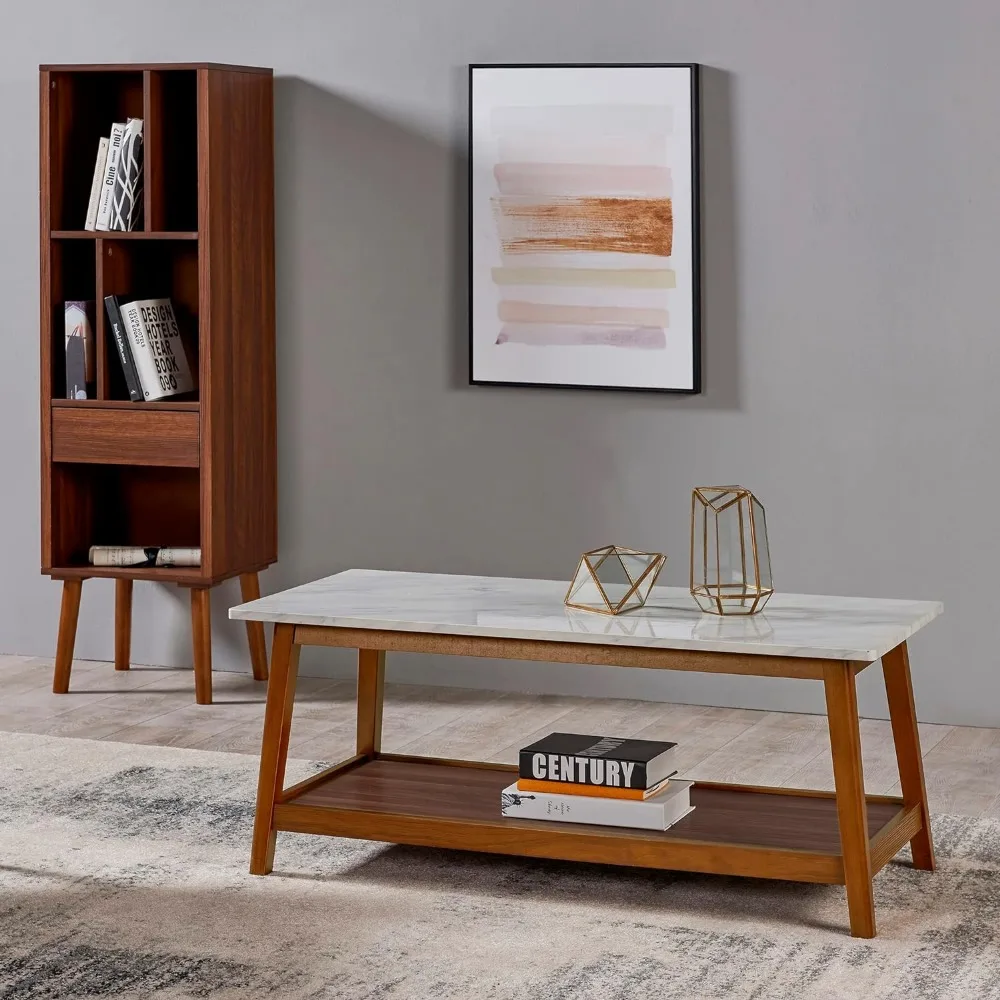 Kingston Wooden Coffee Table with Storage and Marble-Look Top for Living Room Home and Office, Walnut