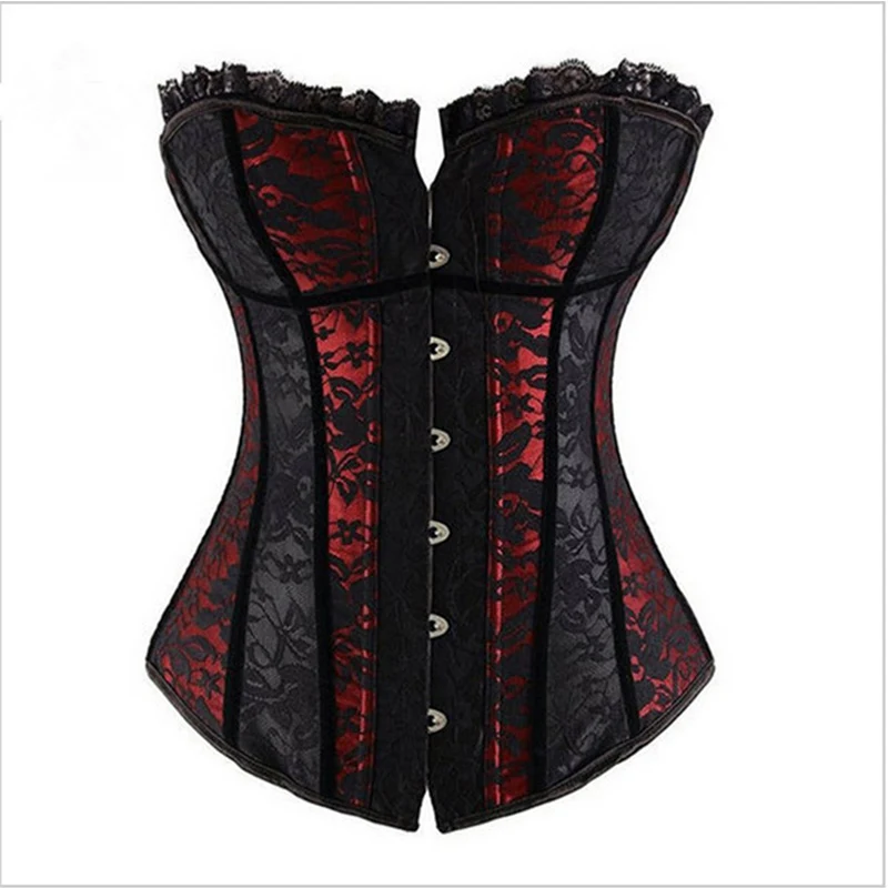 Women's Lace Cover Overbust Corset Lace Up Boned Lingerie Zipper Side Carnival Waist and Body Shaper Bustier