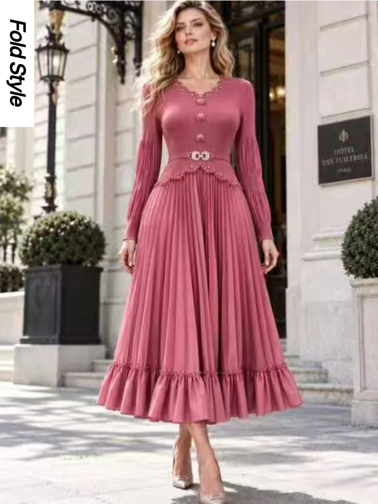 Miyake 2026 Autumn Women's Dress Elegant Fashion Solid Color Pleated Casual V-neck Long Sleeve New Long Dress