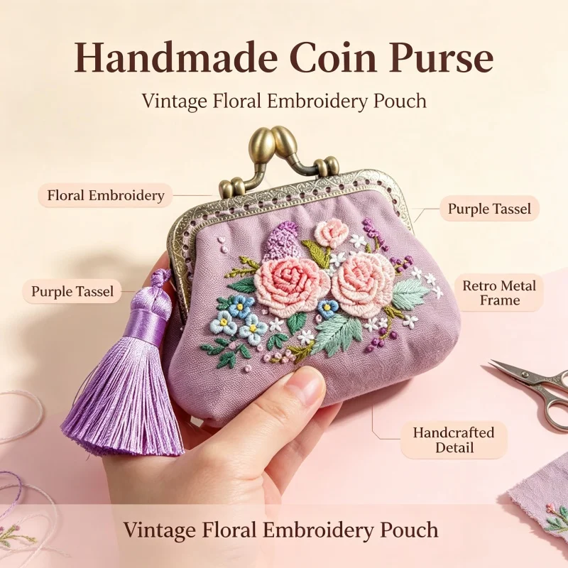 Embroidery DIY Ribbon Flowers Bags Purse Wallet Handbag, Cross Stitch Kit for Beginner Needlework Sewing Arts Craft Friend Gifts