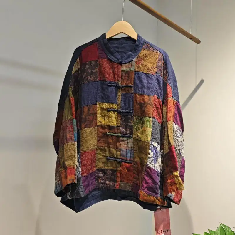 

New Arrival Spring Autumn Arts Style Women Single Breasted Loose Shirt Vintage Patchwork Cotton Linen Blouse Tops High Quality