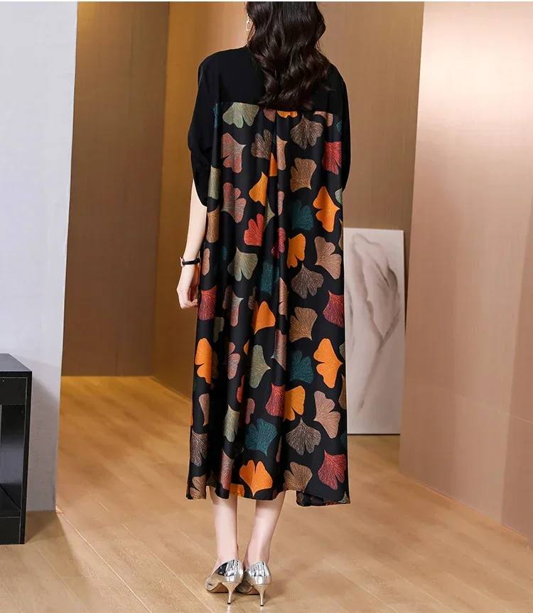 

2024 Summer Silk Printed Mulberry Silk Midi Dress Fall Retro Casual 5XL Plus Size Long Sleeve Dress Elegant Women Vestidos