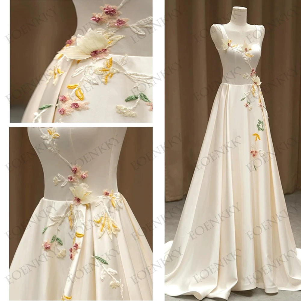 Elegant Princess Prom Dresses Satin Women A Line Korea Square Neck 3D Flowers Appliques Formal Sleeveless Evening Party Gowns