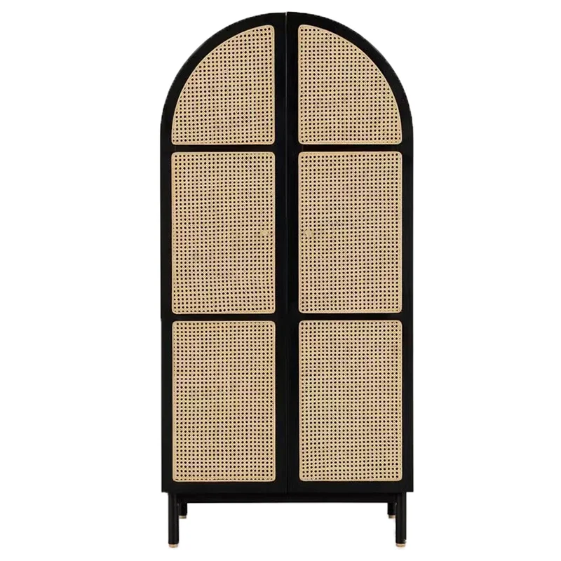 Wabi Sandy Wind Solid Wood Braided Rattan Wardrobe Opposite Door Arched Storage Cabinet Bedroom Home Vintage Log Color