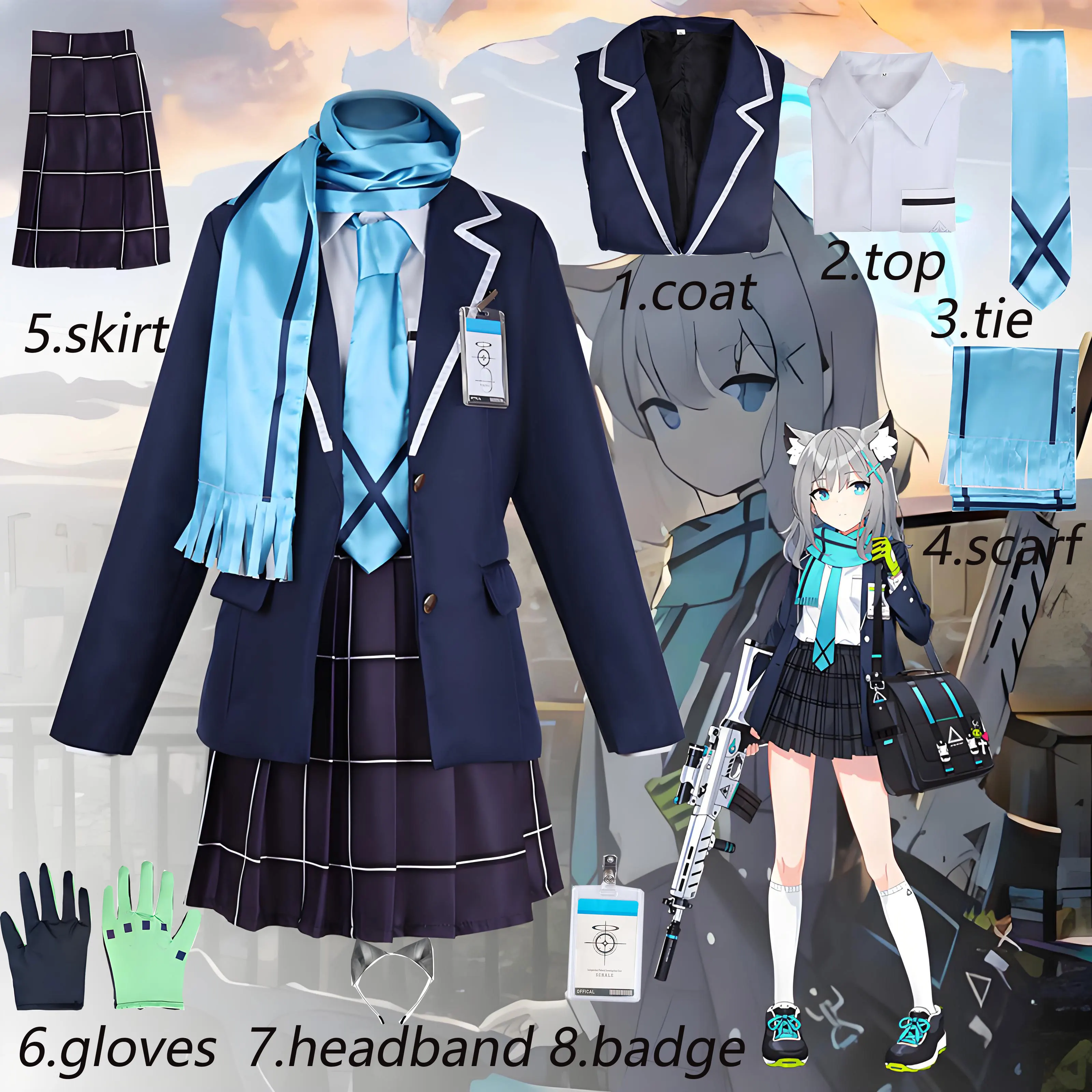 

Academy Girl Cosplay Costume Navy Blazer Uniform with Light Blue Scarf, Gloves and Cat Ear Headband