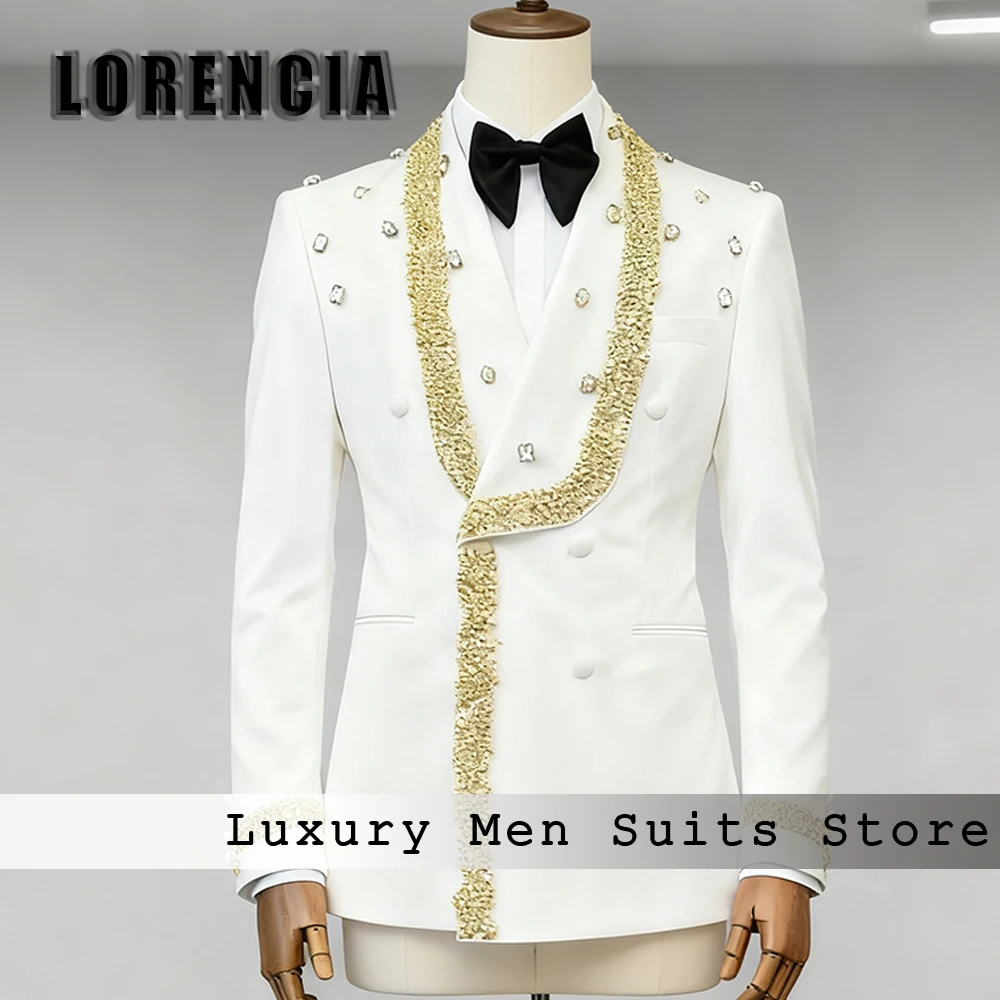 

Sipmle Rhinestone Men Suits 2 Pieces Double Breasted Wedding Party Groom Tuxedos Set Customized Blazer Pants trajes para hombre
