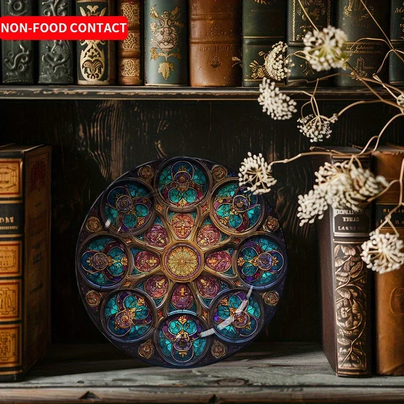 1pc Colorful Glass Art Decorative Plate Round Stained Glass Pattern Home Wall Decoration Ornament Non-Food Contact Living Room