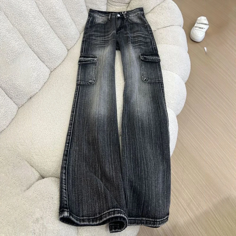 Retro Black Grey Flared Denim Pants Women's High Waist Multi Pocket Jeans American Style Fashion Gradient Color Slim Jeans