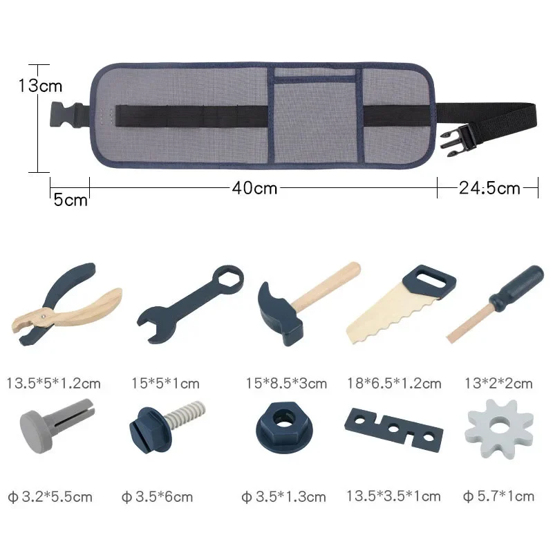 Kids Pretend Tool Role Playing Educational Toys 3-6 Year Old Boys Wooden Simulation Children's Repairman Waist Bag Set