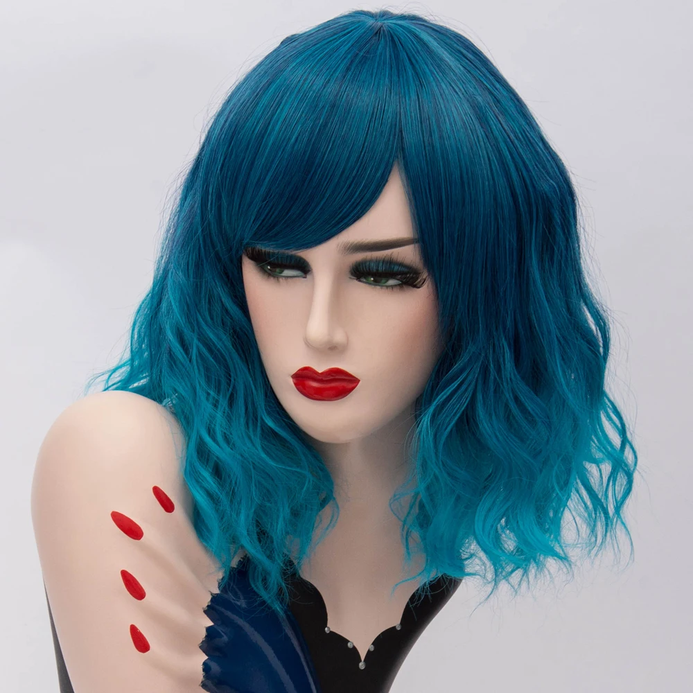 باروكة بوب زرقاء مموجة قصيرة ساحرة: شعر صناعي مقاوم للحرارة لمشاعر النساء الجريئة والحفلات
