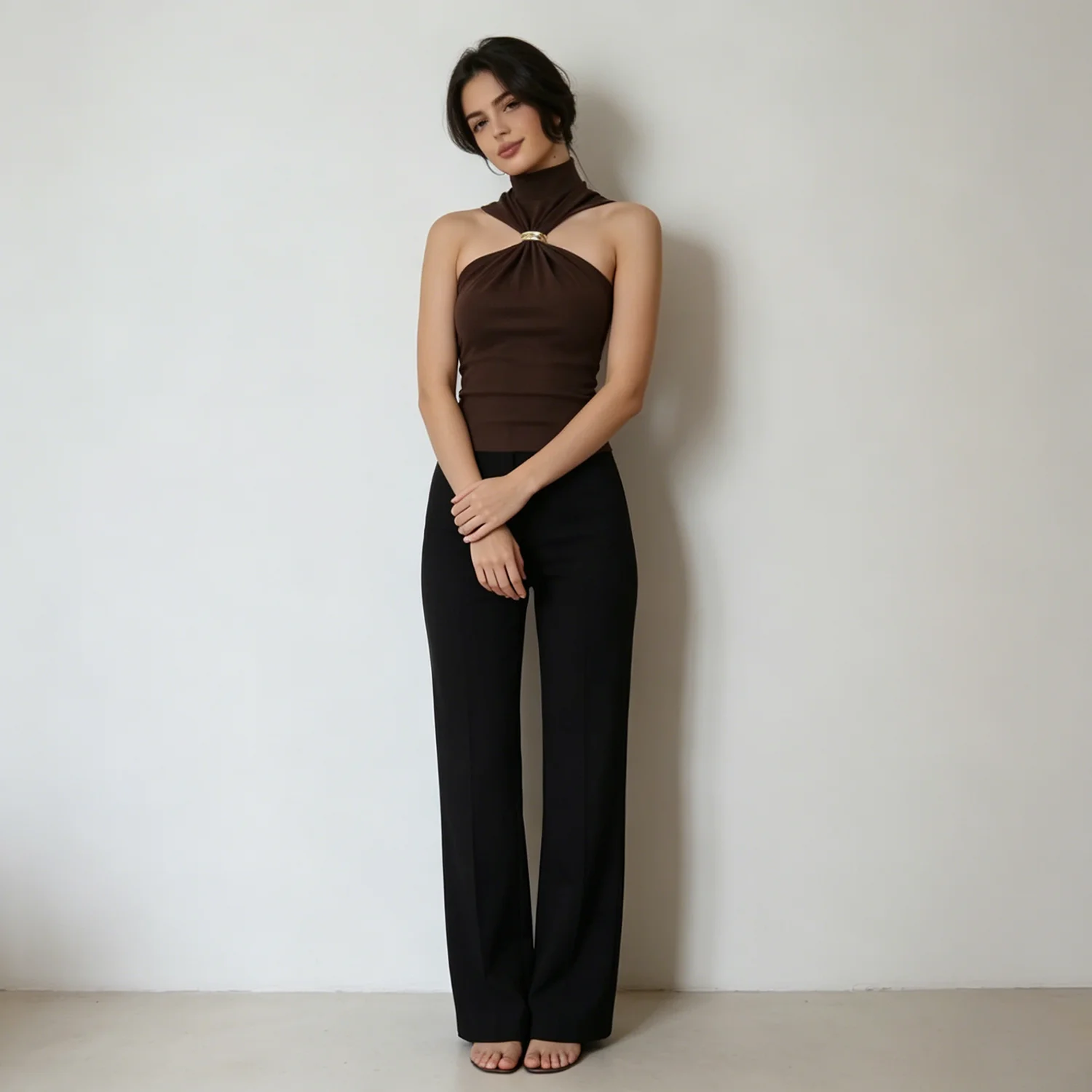 LIMO Women's Halter High Neck Top with Metal Ring Detail Sleeveless Slim Fit Party Blouse