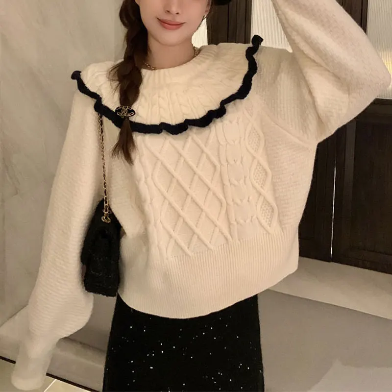 

French Style O-Neck Knitted Jumpers Autumn Winter New Contrasting Colors Female Clothing Spliced Loose Aura Long Sleeve Sweaters