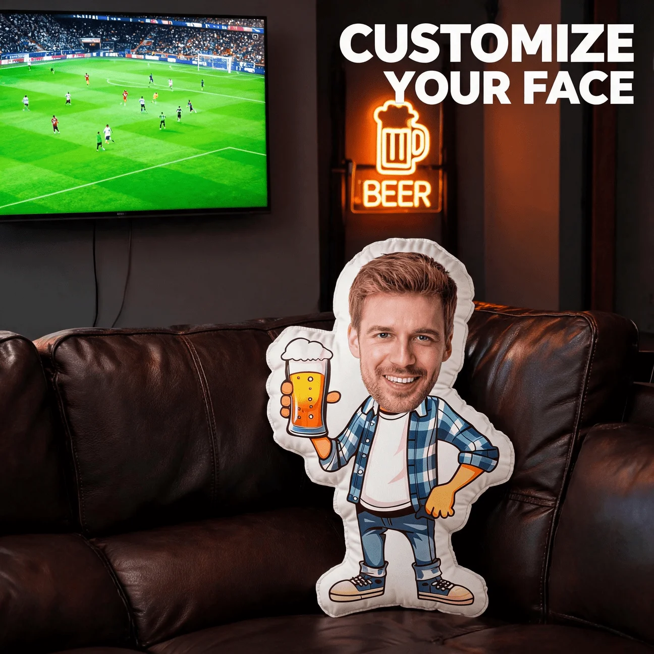 Custom Photo Shaped Pillow, Personalized Face on Cartoon Body Holding Beer Decorative Cushion, Funny Smiling Man Accent Pillow f
