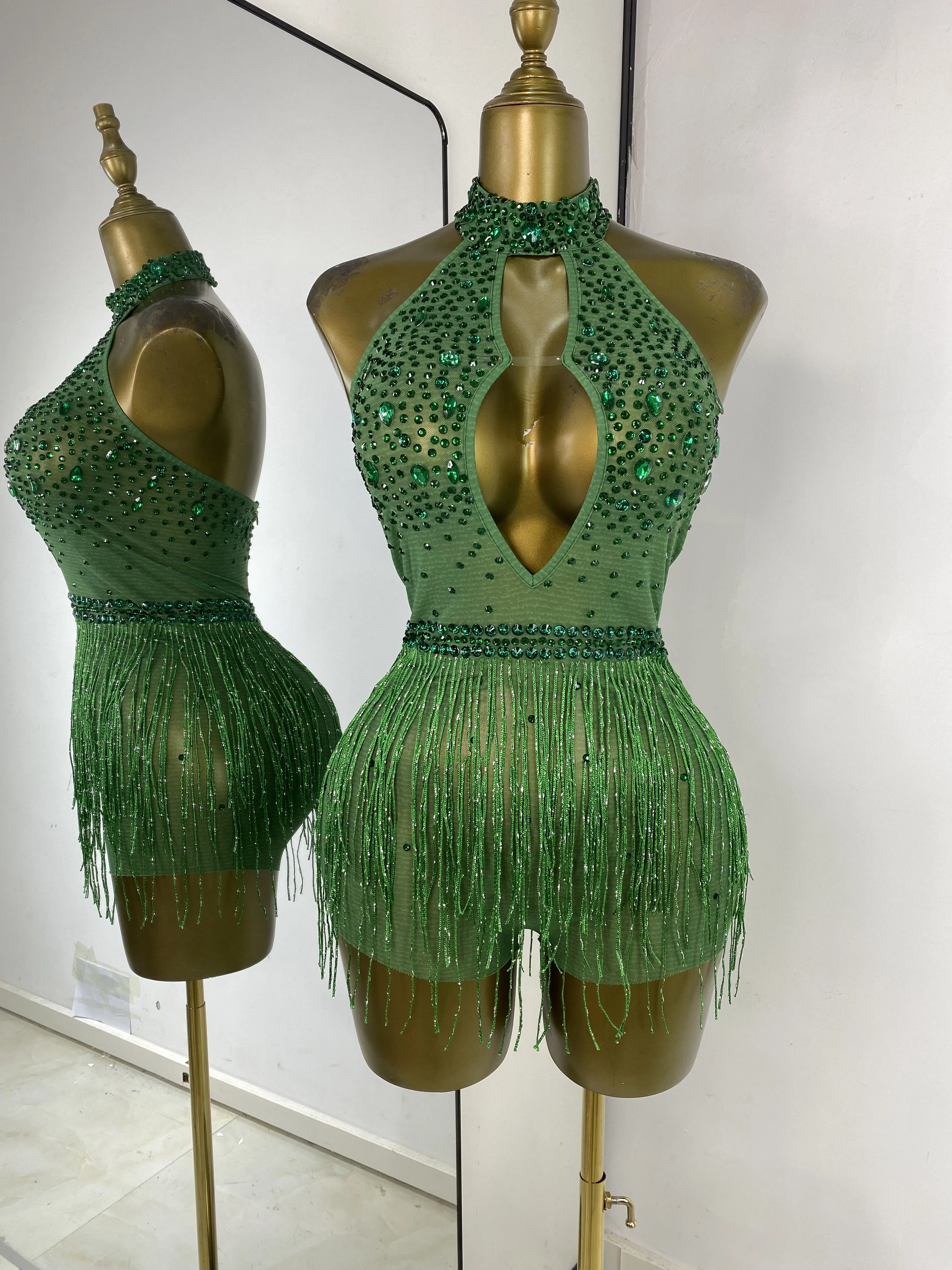 

Sexy Green Rhinestones Mesh Tassel Leotard Ballroom Dress Competition Women Special Occassion Nightbar Club Party Dresses