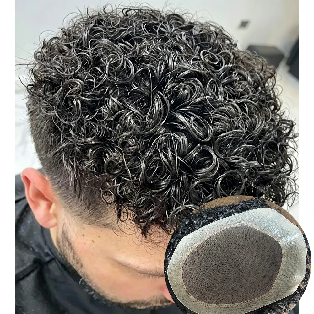 18mm/15mm Afro Black Man Curly Real Human Hair Natural Hairline Men Toupee Long Last Mono Lace Top Poly Skin Hairpiece 20mm Curl